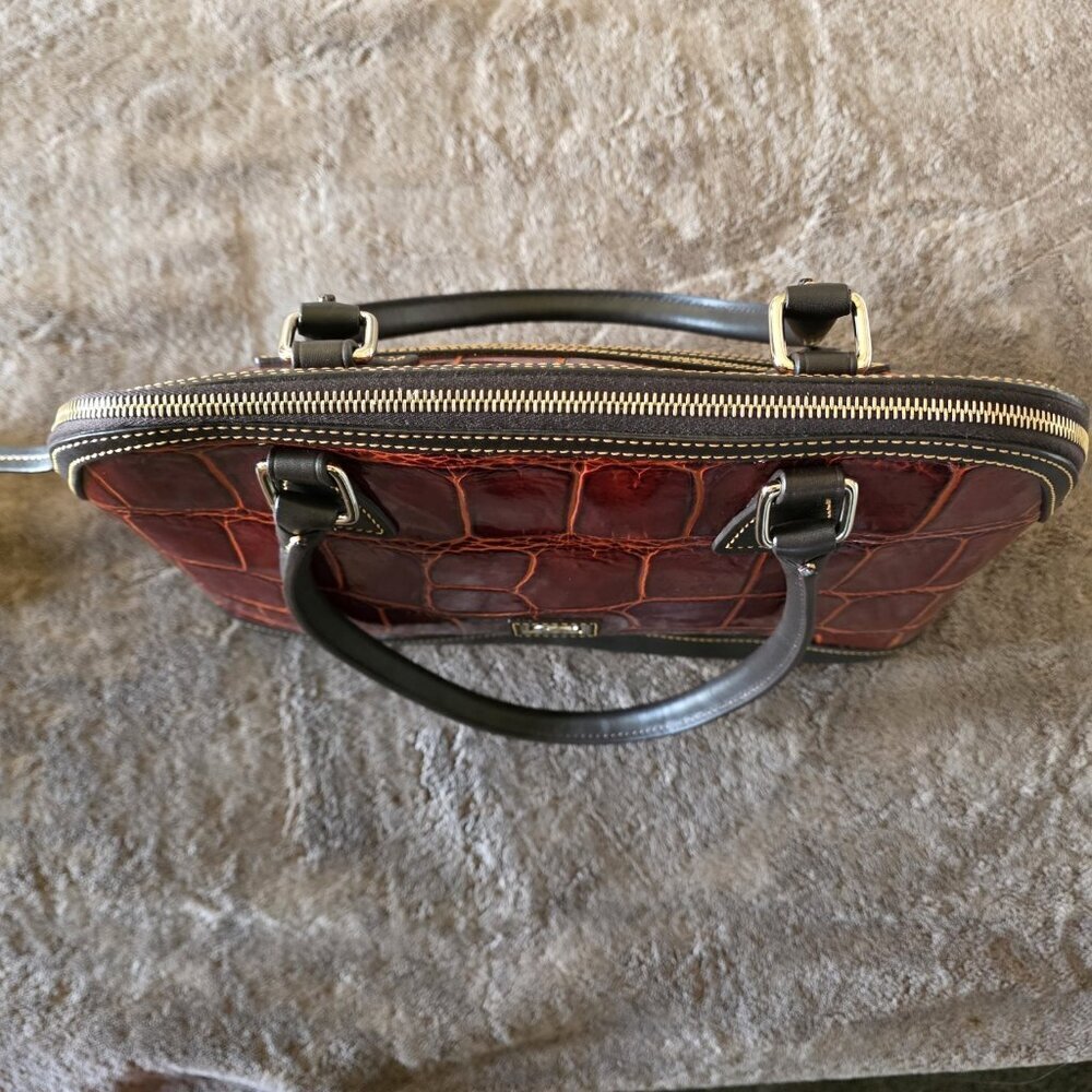 Dooney & Bourke Cognac Croco Embossed Leather Domed Satchel Bag - Picture 14 of 16